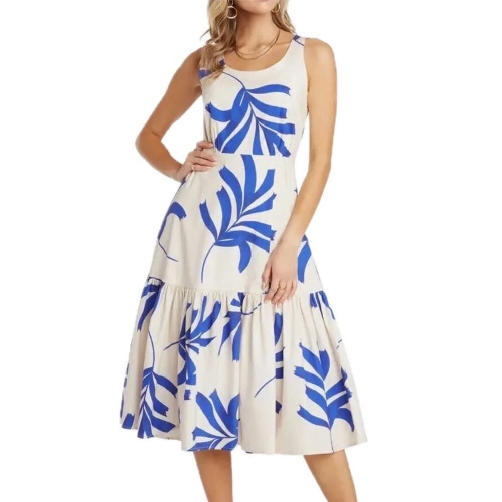Women's Willow Tropical Blue Leaf Print V Back Tiered Hem Kate Midi Dress